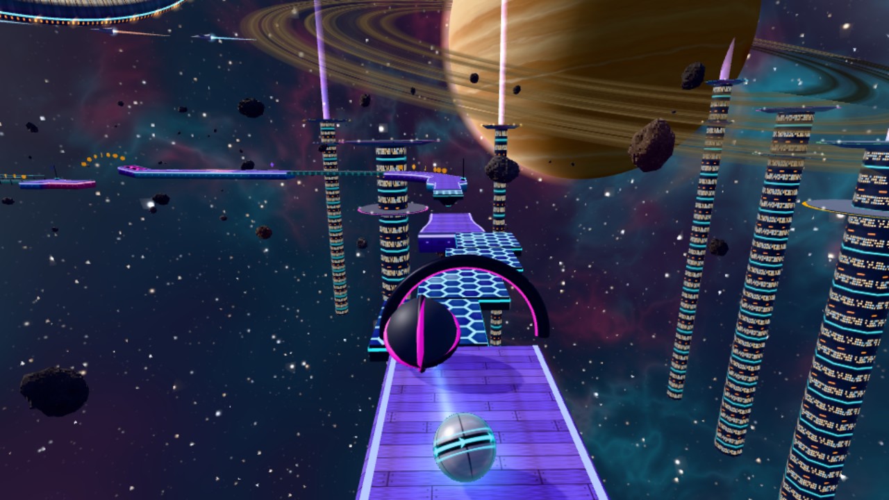 Space Run: a hexagon panel track under a ringed gas giant